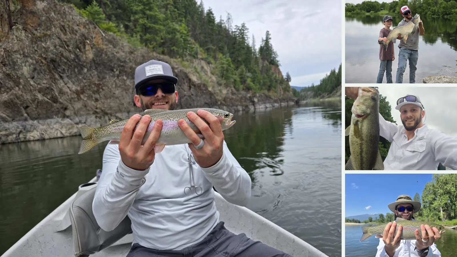 Anglers holding a rainbow trout, a grass carp, a largemouth bass and a second rainbow trout on rivers and lakes across the country