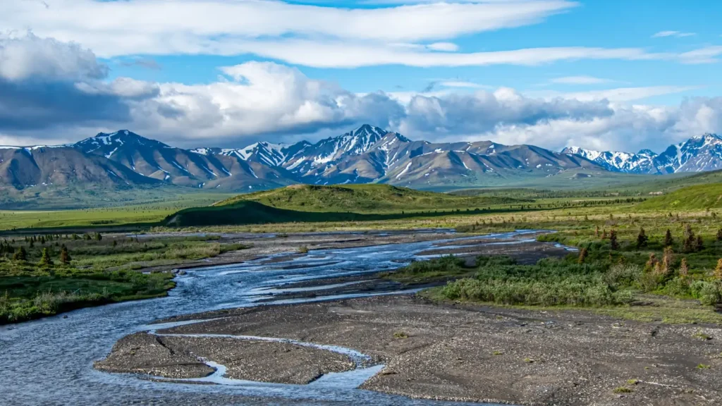 A braided river running out of a green Alaskan valley