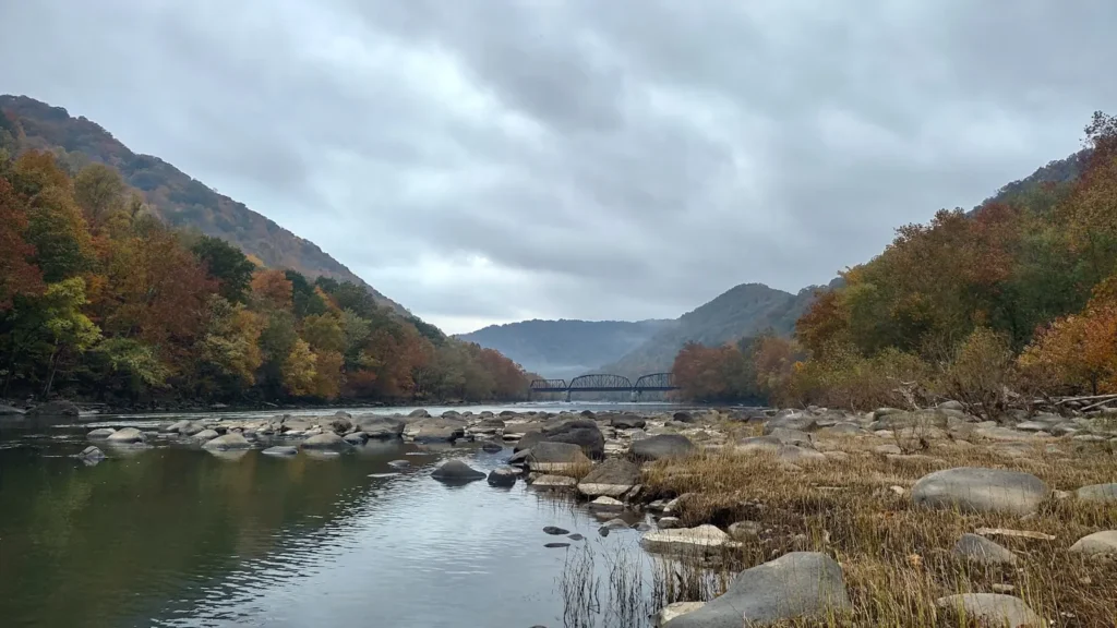 A river bending away below forested hills in the Appalachians