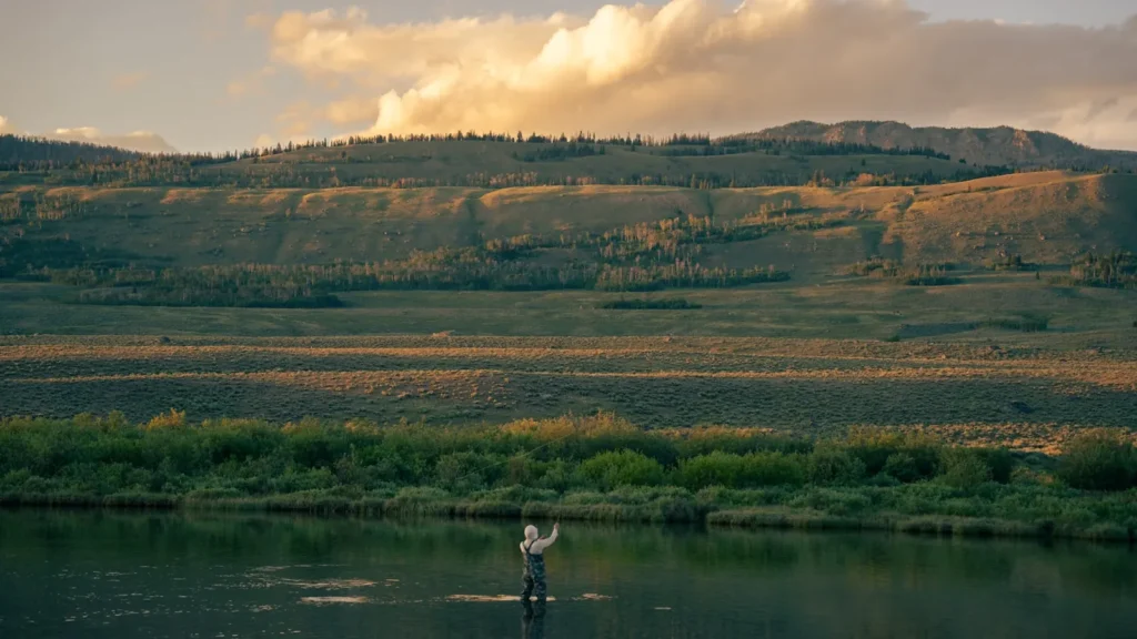 An angler working a wide sagebrush river valley at dusk in the Northern Rockies