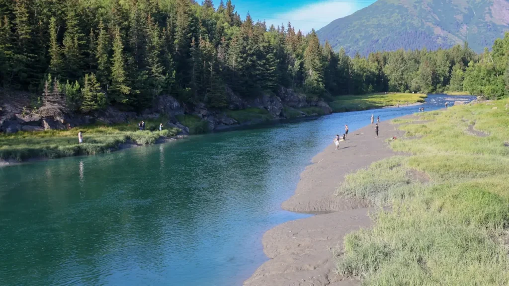 Anglers spread along a clear gravel river in the Alaskan interior