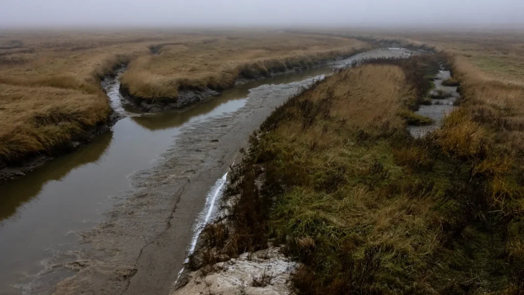 A muddy tidal creek winding through marshland on a foggy morning