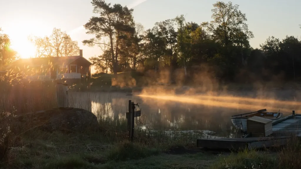 Sunrise burning off mist over a timbered reservoir
